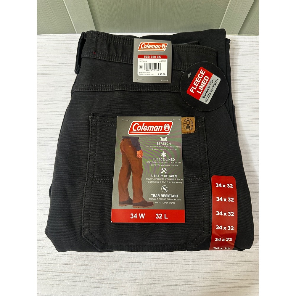 Coleman Mens Fleece Lined Utility Pants 34x32 Phantom Black Canvas Stretch New